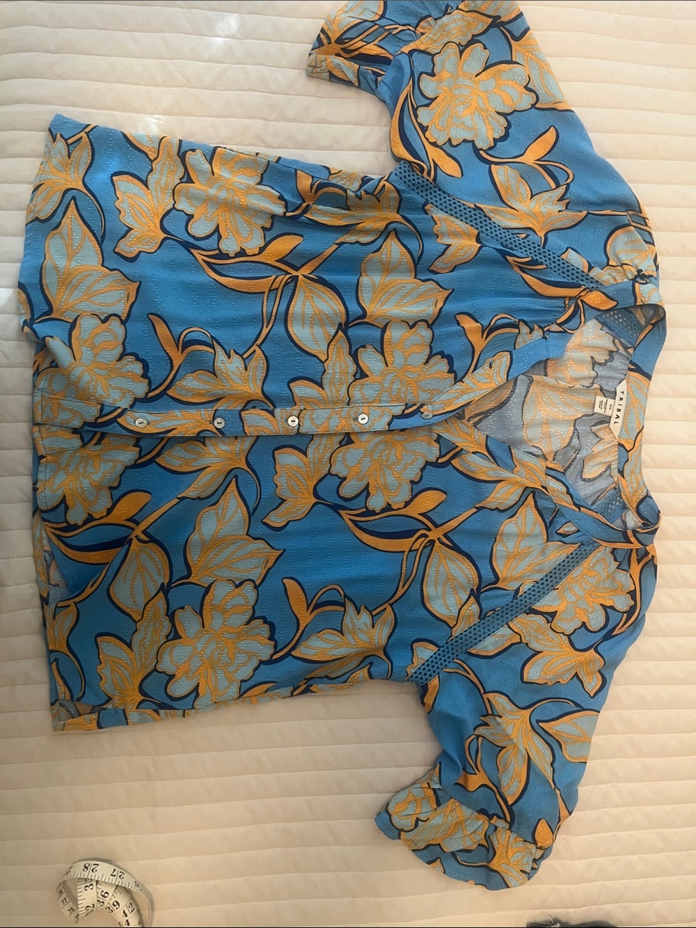 Tribal Brand Blue & Mustard Floral Button-Front Blouse